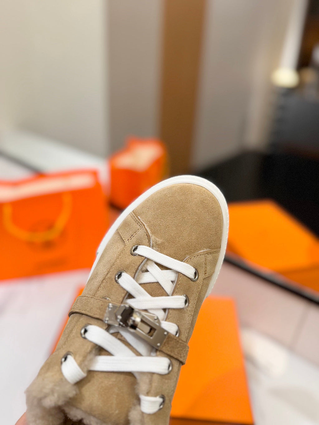 Hermes Day Sneaker in Tortilla Brown Suede and Fleece Lining