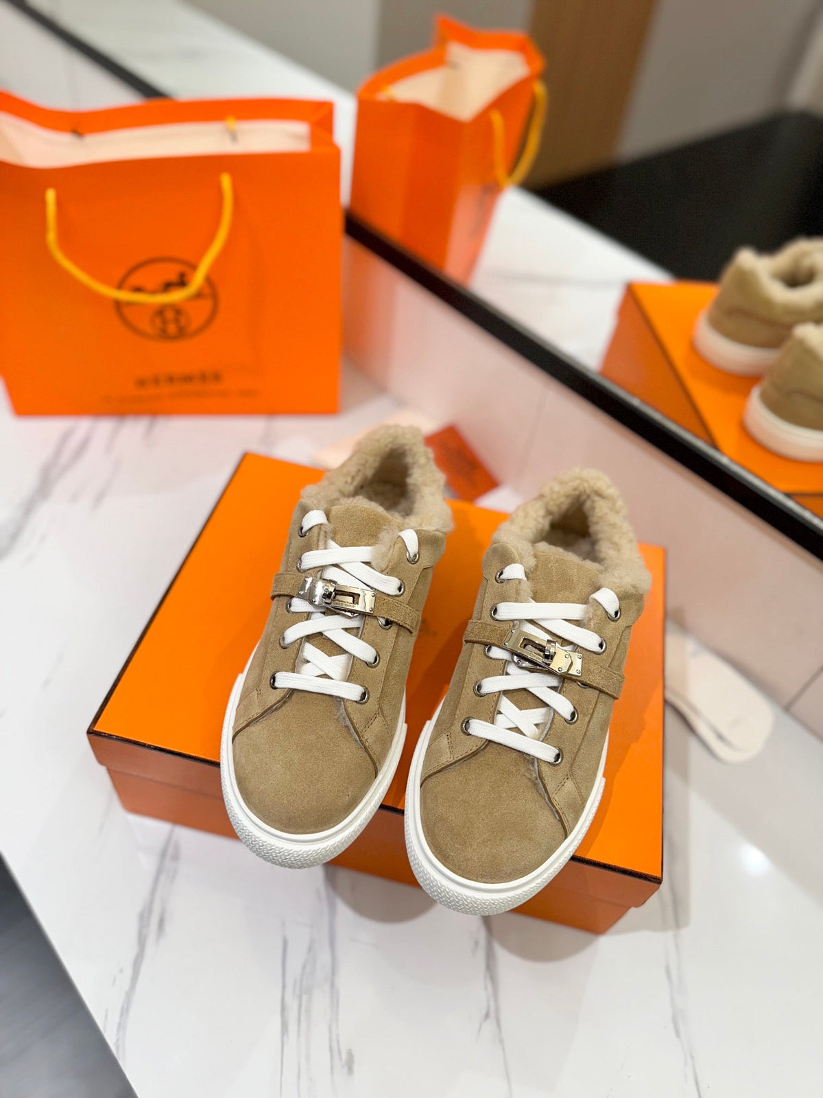 Hermes Day Sneaker in Tortilla Brown Suede and Fleece Lining