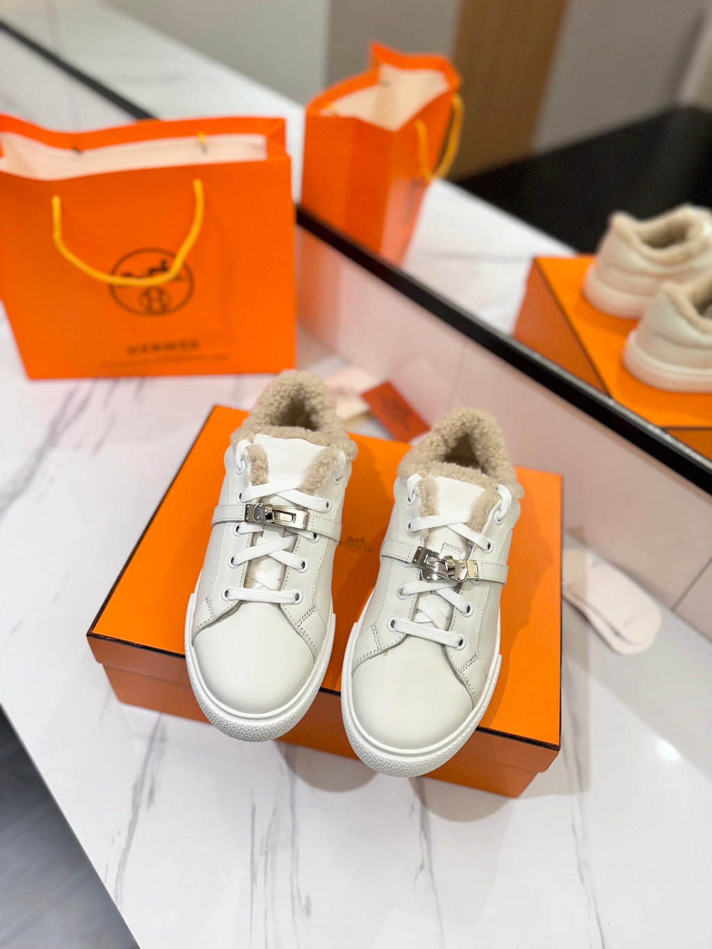 Hermes Day Sneaker in White Calfskin and Fleece Lining