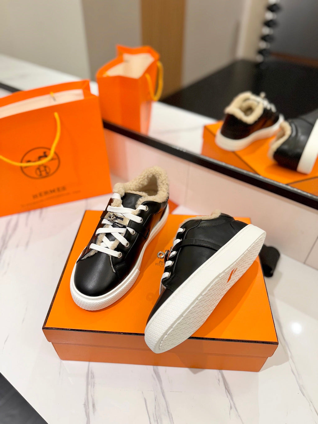 Hermes Day Sneaker in Black Calfskin and Fleece Lining