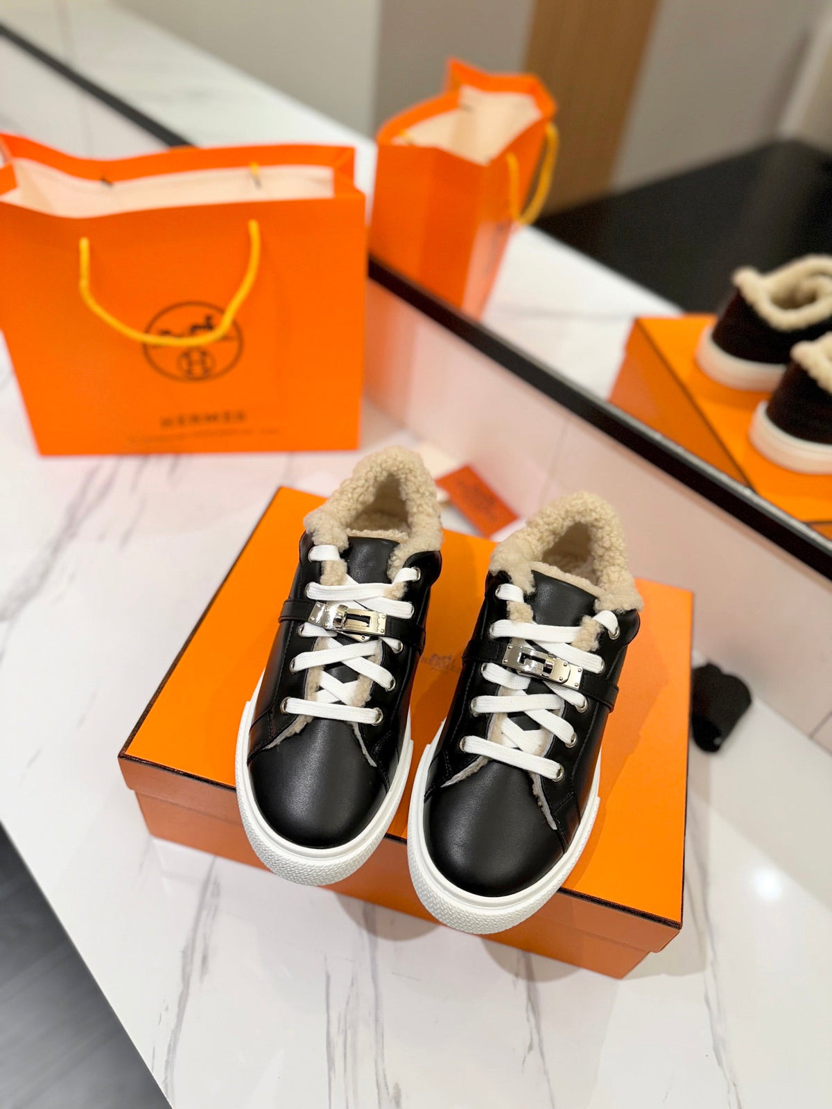 Hermes Day Sneaker in Black Calfskin and Fleece Lining
