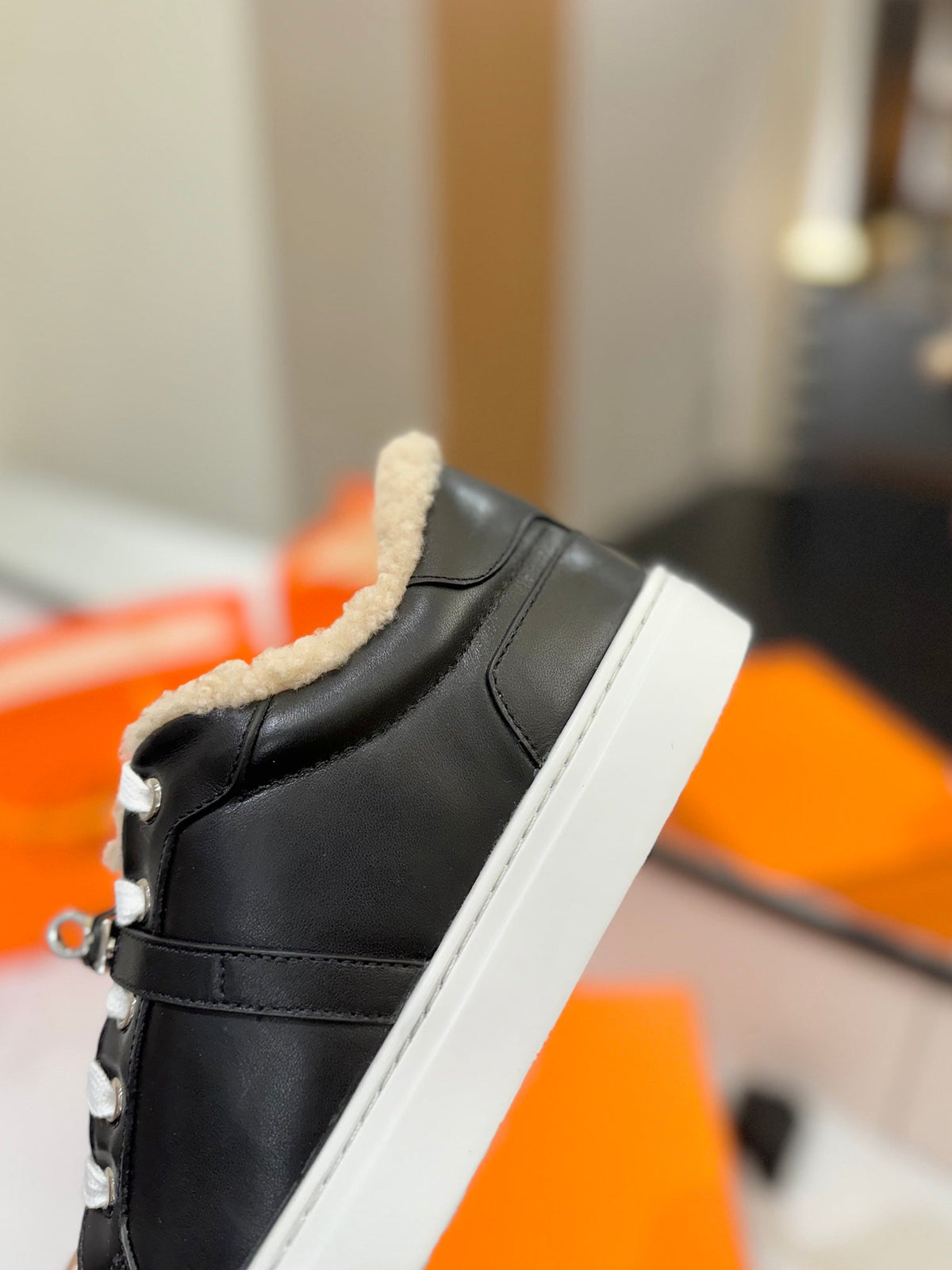 Hermes Day Sneaker in Black Calfskin and Fleece Lining