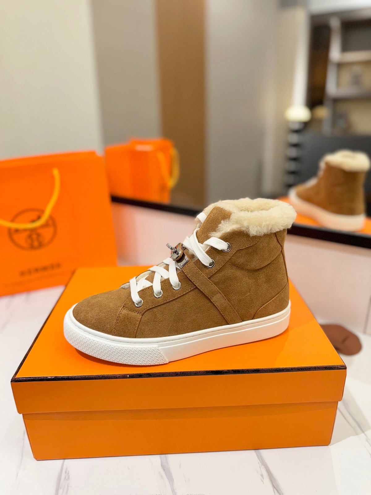 Hermes Chealsea Boots in Bronze Brown Suede and Fleece Lining
