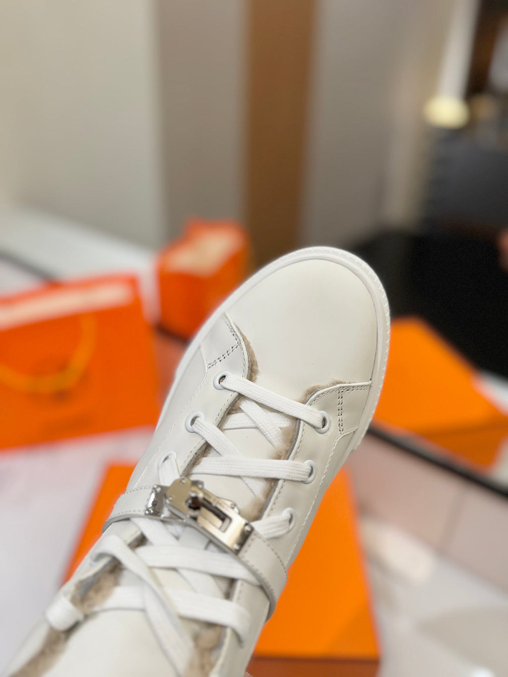 Hermes Chealsea Boots in White Calfskin and Fleece Lining