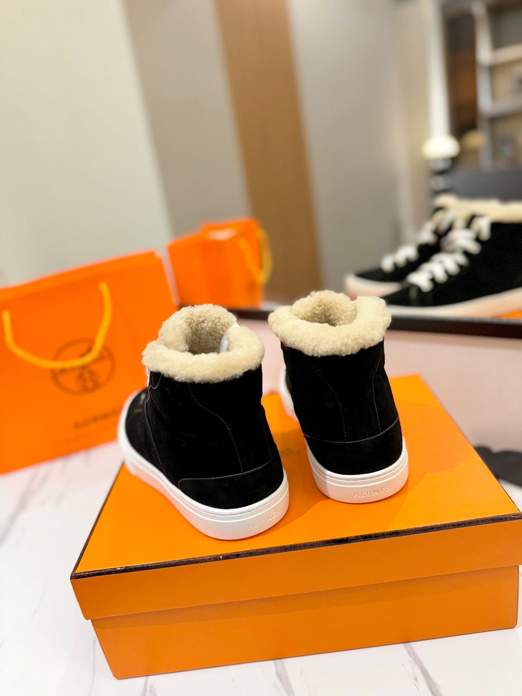 Hermes Chealsea Boots in Black Suede and Fleece Lining