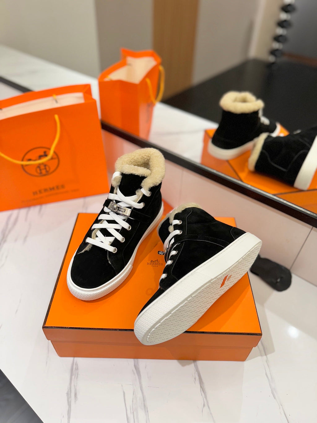 Hermes Chealsea Boots in Black Suede and Fleece Lining