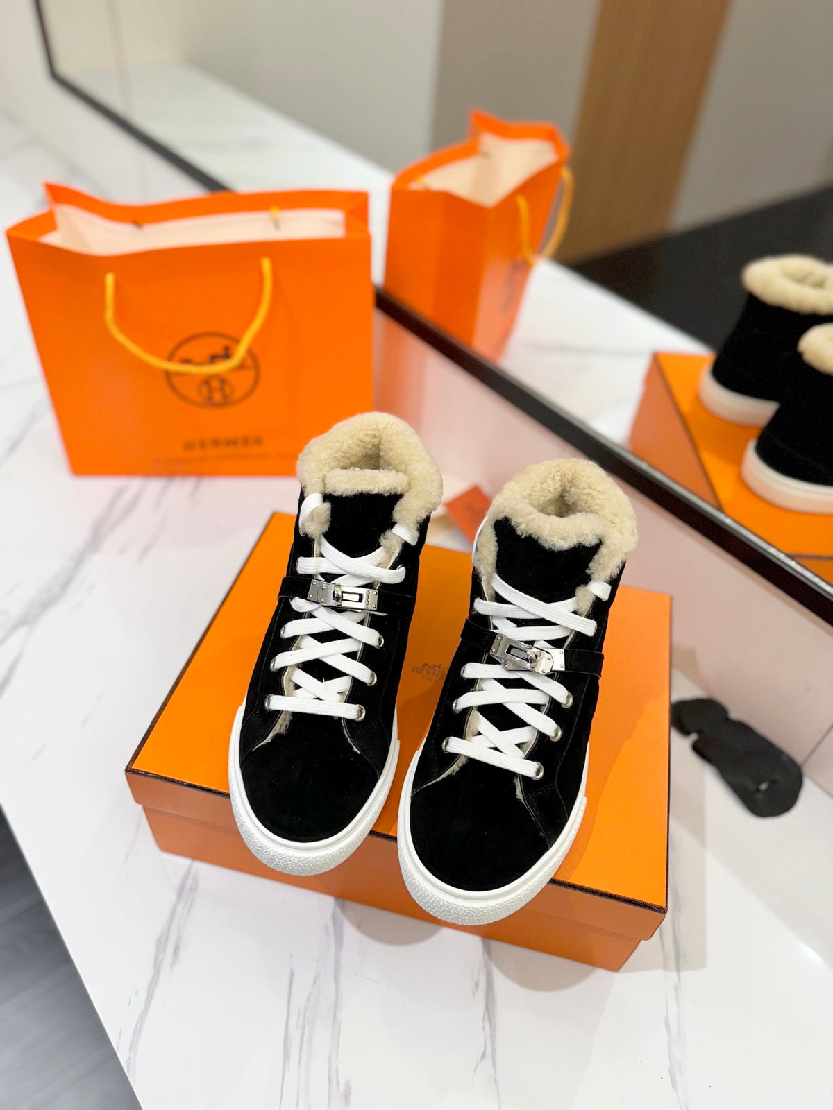 Hermes Chealsea Boots in Black Suede and Fleece Lining