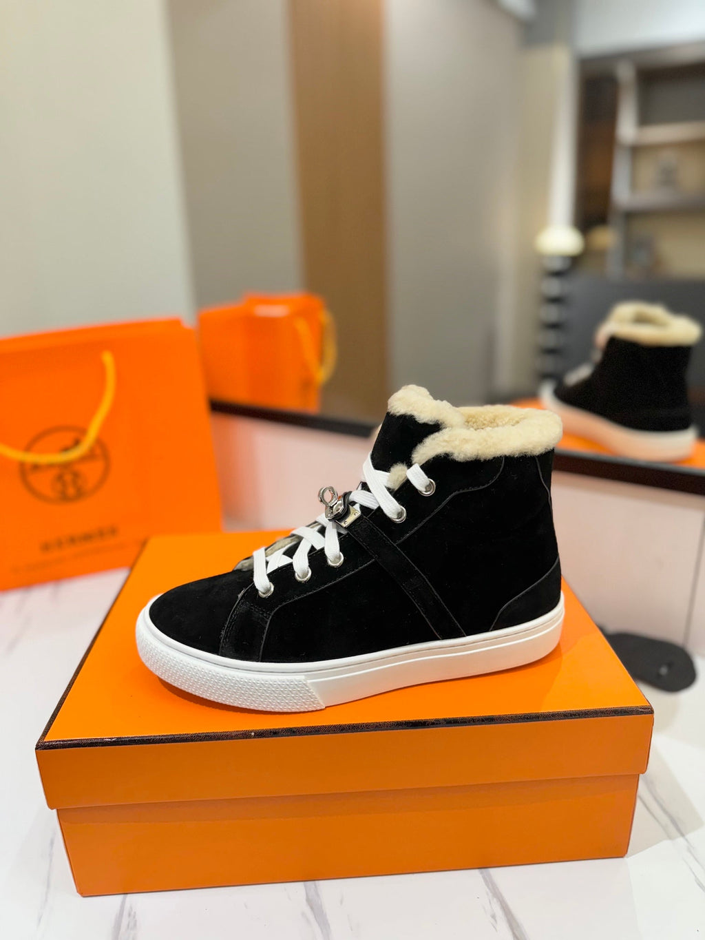 Hermes Chealsea Boots in Black Suede and Fleece Lining