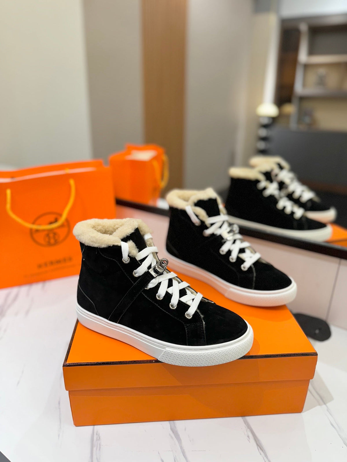Hermes Chealsea Boots in Black Suede and Fleece Lining