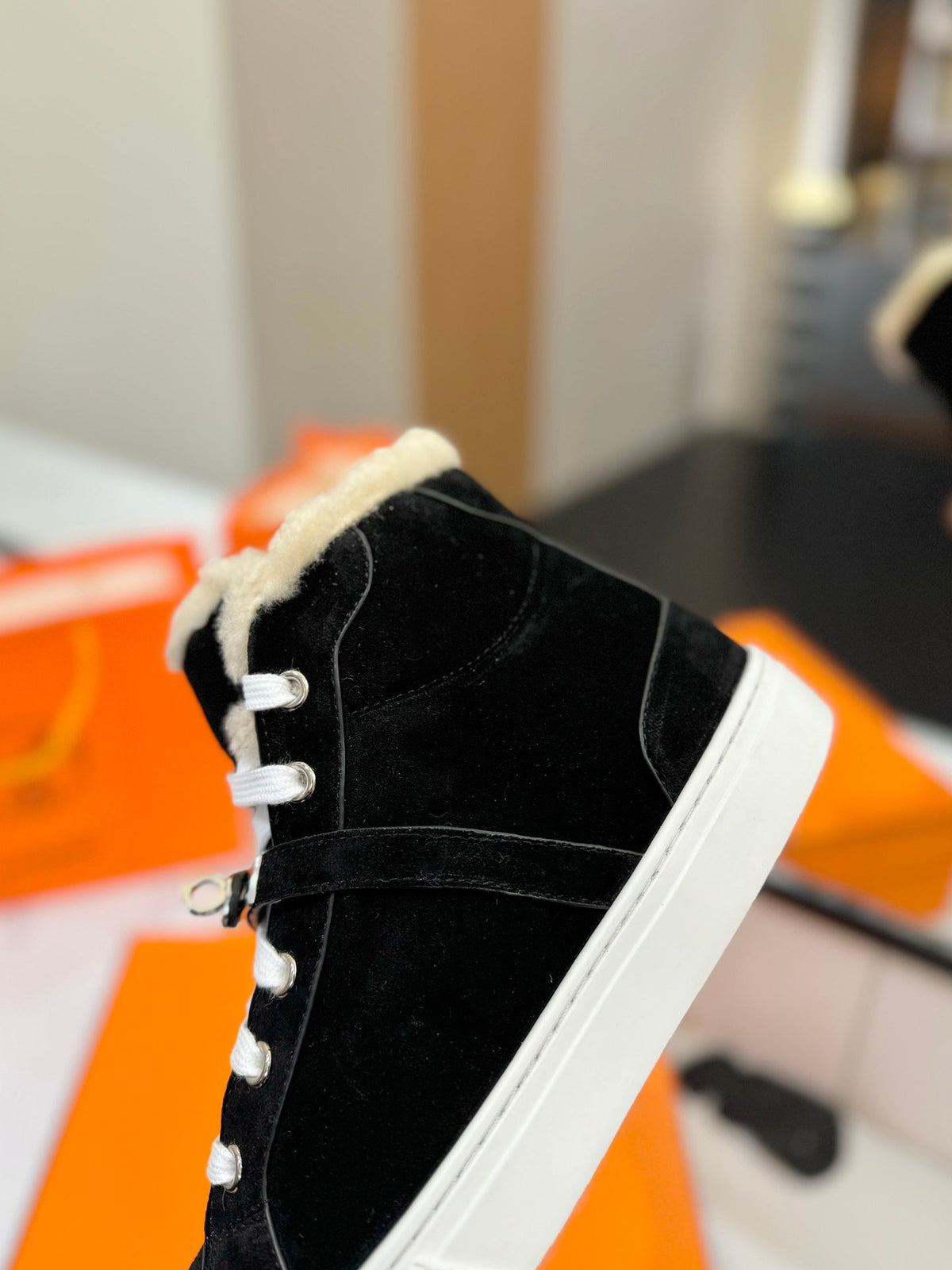 Hermes Chealsea Boots in Black Suede and Fleece Lining