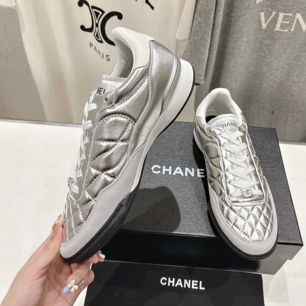 Chanel Double C New Quilted Panda Shoes Silver Sheepskin