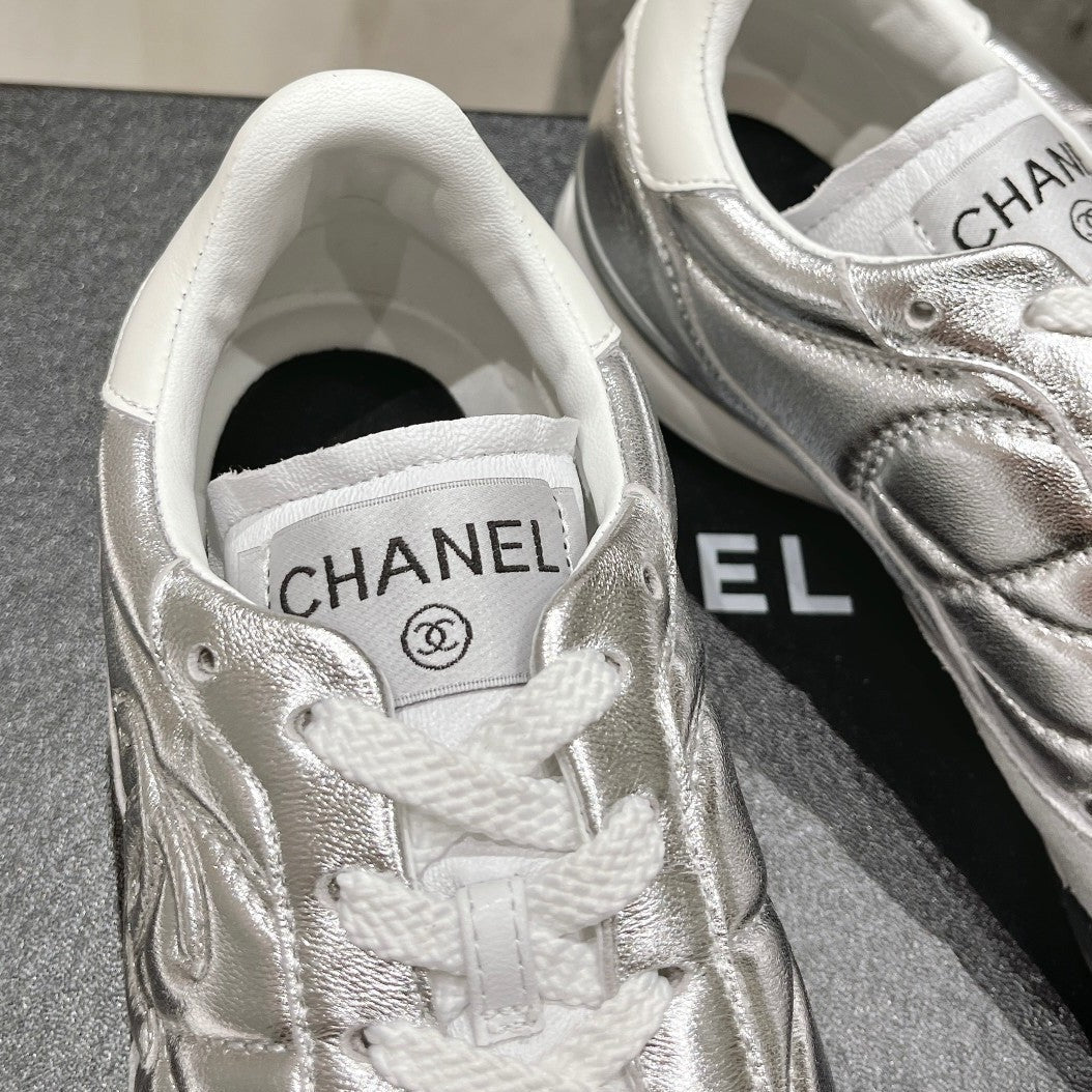 Chanel Double C New Quilted Panda Shoes Silver Sheepskin