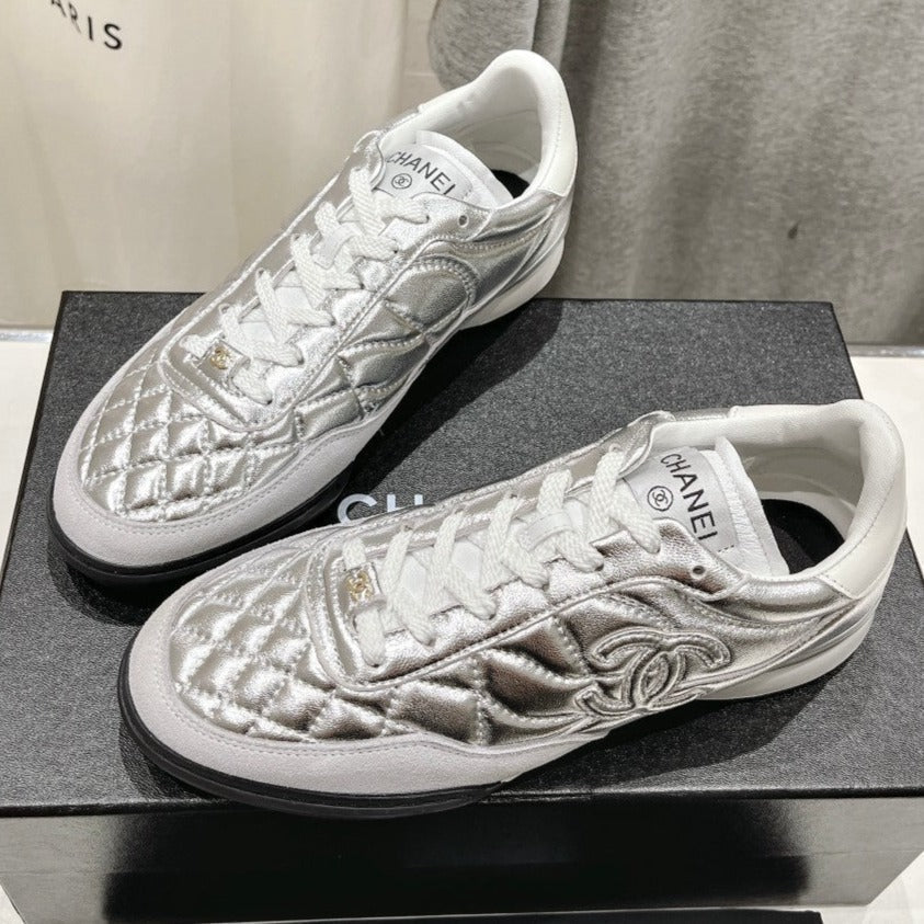 Chanel Double C New Quilted Panda Shoes Silver Sheepskin