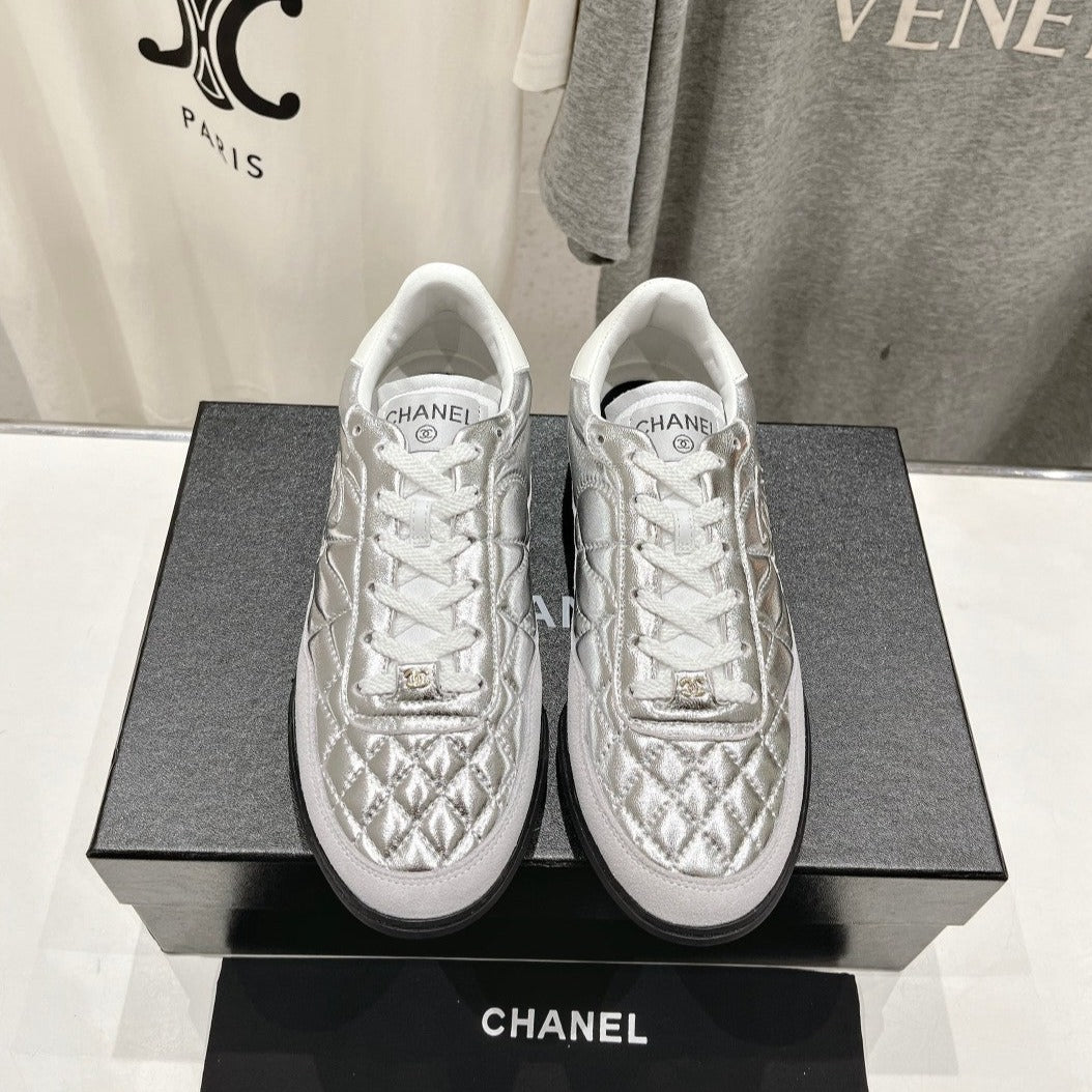 Chanel Double C New Quilted Panda Shoes Silver Sheepskin
