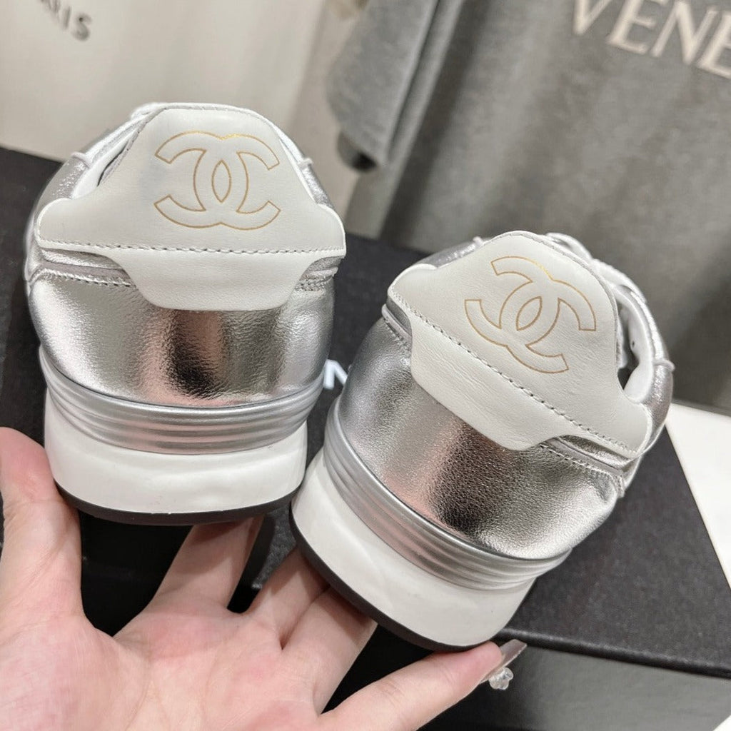 Chanel Double C New Quilted Panda Shoes Silver Sheepskin