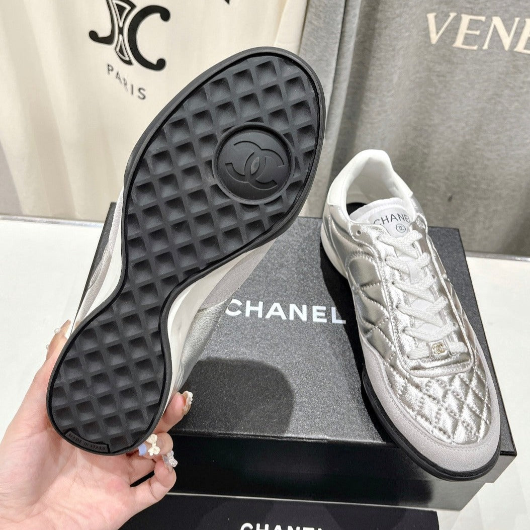 Chanel Double C New Quilted Panda Shoes Silver Sheepskin