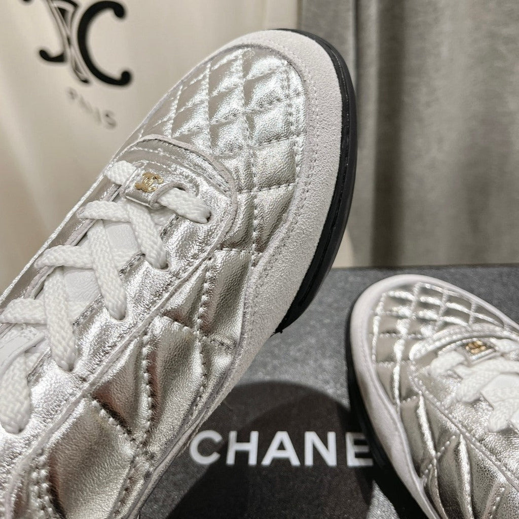 Chanel Double C New Quilted Panda Shoes Silver Sheepskin