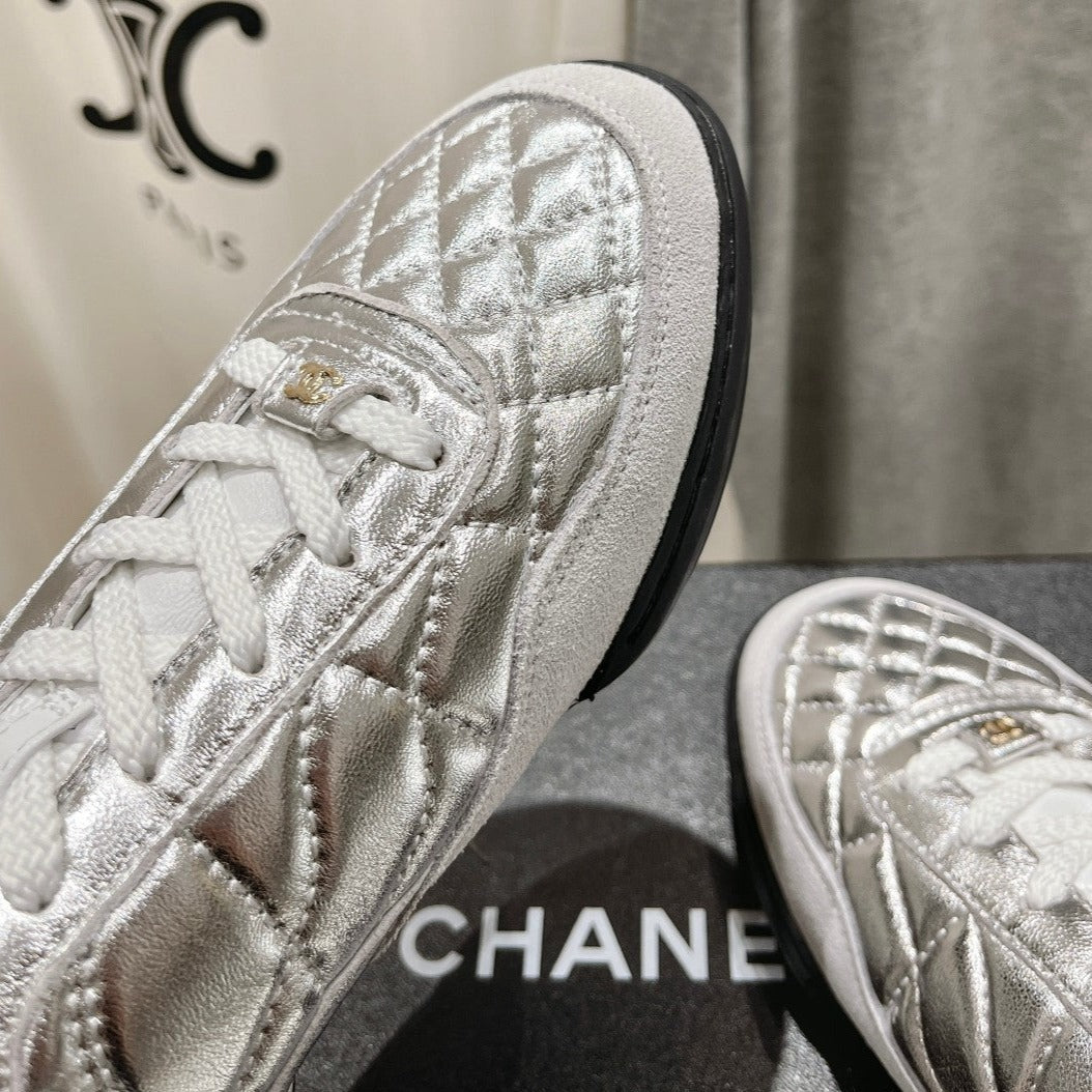 Chanel Double C New Quilted Panda Shoes Silver Sheepskin