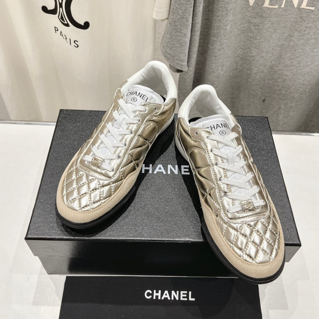 Chanel Double C New Quilted Panda Shoes Gold Sheepskin