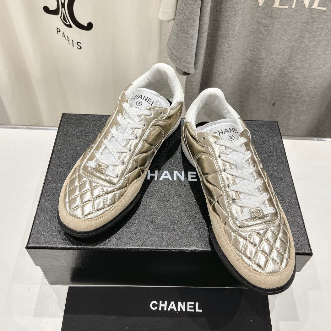 Chanel Double C New Quilted Panda Shoes Gold Sheepskin