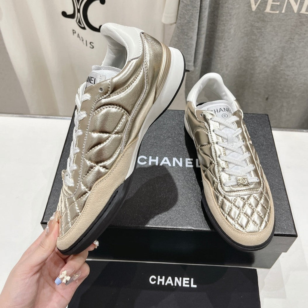 Chanel Double C New Quilted Panda Shoes Gold Sheepskin