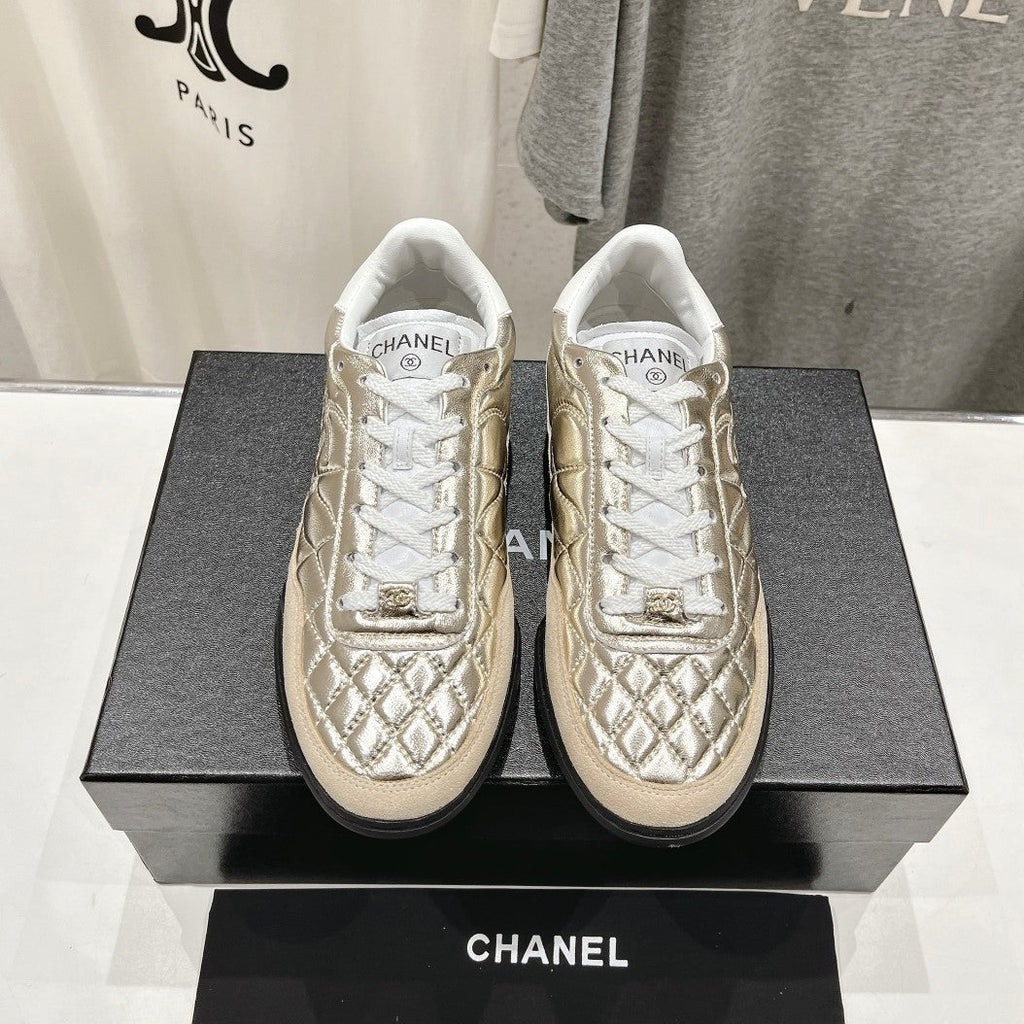 Chanel Double C New Quilted Panda Shoes Gold Sheepskin