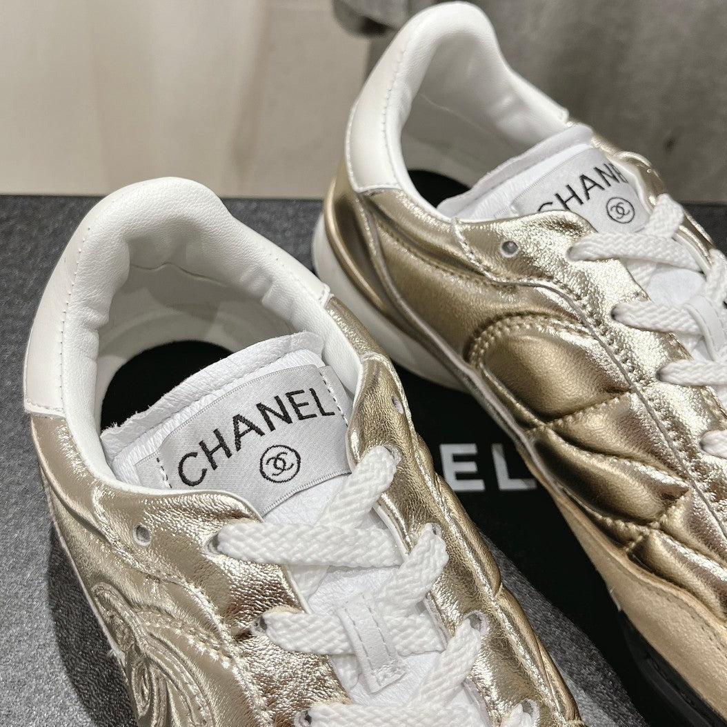 Chanel Double C New Quilted Panda Shoes Gold Sheepskin