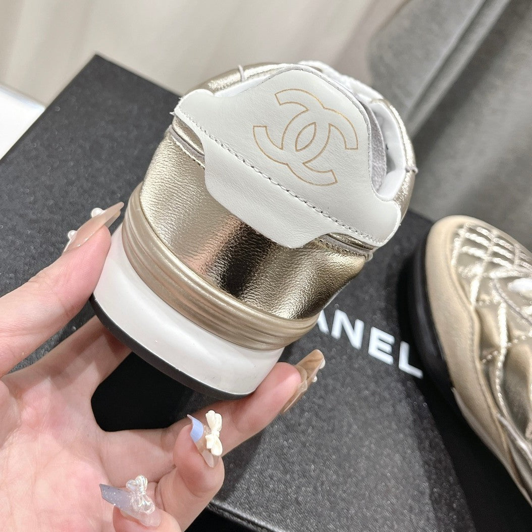Chanel Double C New Quilted Panda Shoes Gold Sheepskin