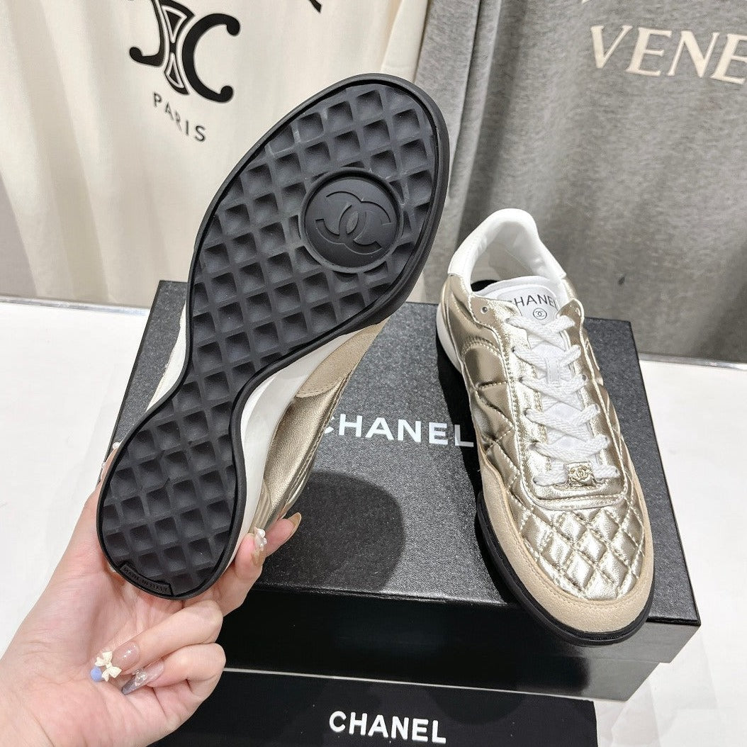 Chanel Double C New Quilted Panda Shoes Gold Sheepskin