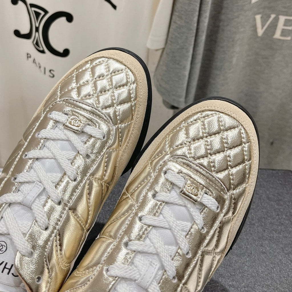 Chanel Double C New Quilted Panda Shoes Gold Sheepskin