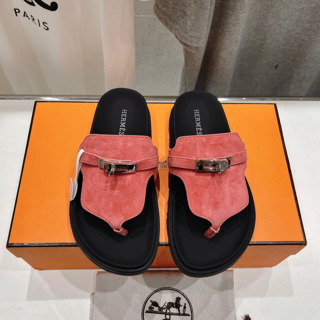 Hermes Empire Sandal Black Mix Pink Suede