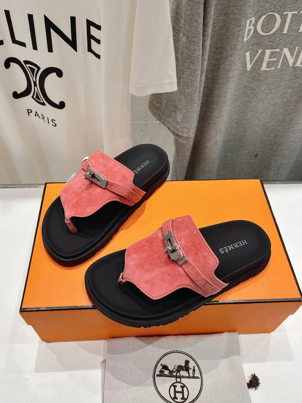 Hermes Empire Sandal Black Mix Pink Suede