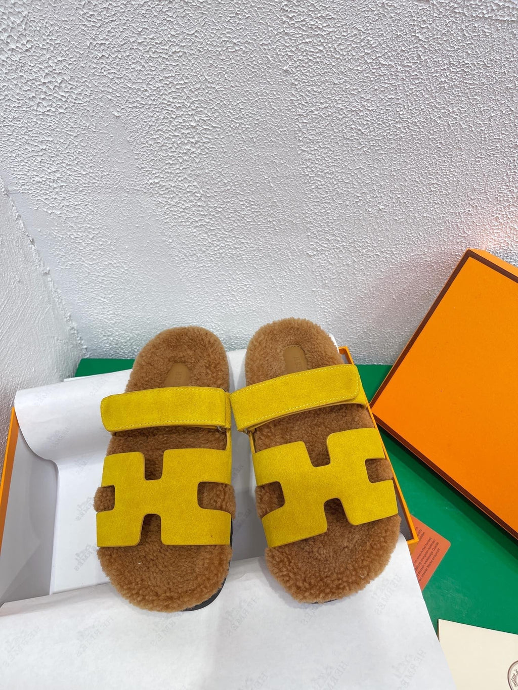 Hermes Chypre Sandal Gold Shearling Insole Yellow Velvet Leather Lining