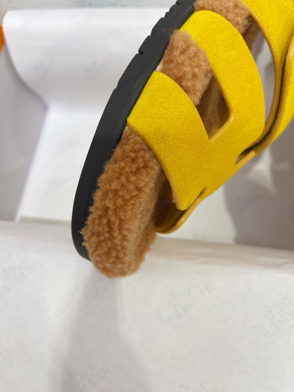 Hermes Chypre Sandal Gold Shearling Insole Yellow Velvet Leather Lining