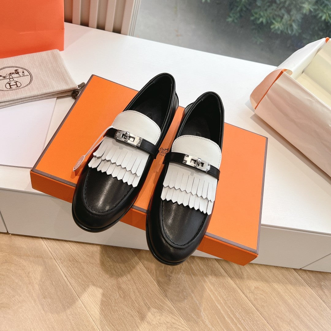Hermes Destin Loafer Black Goatskin with White Fringe Detail