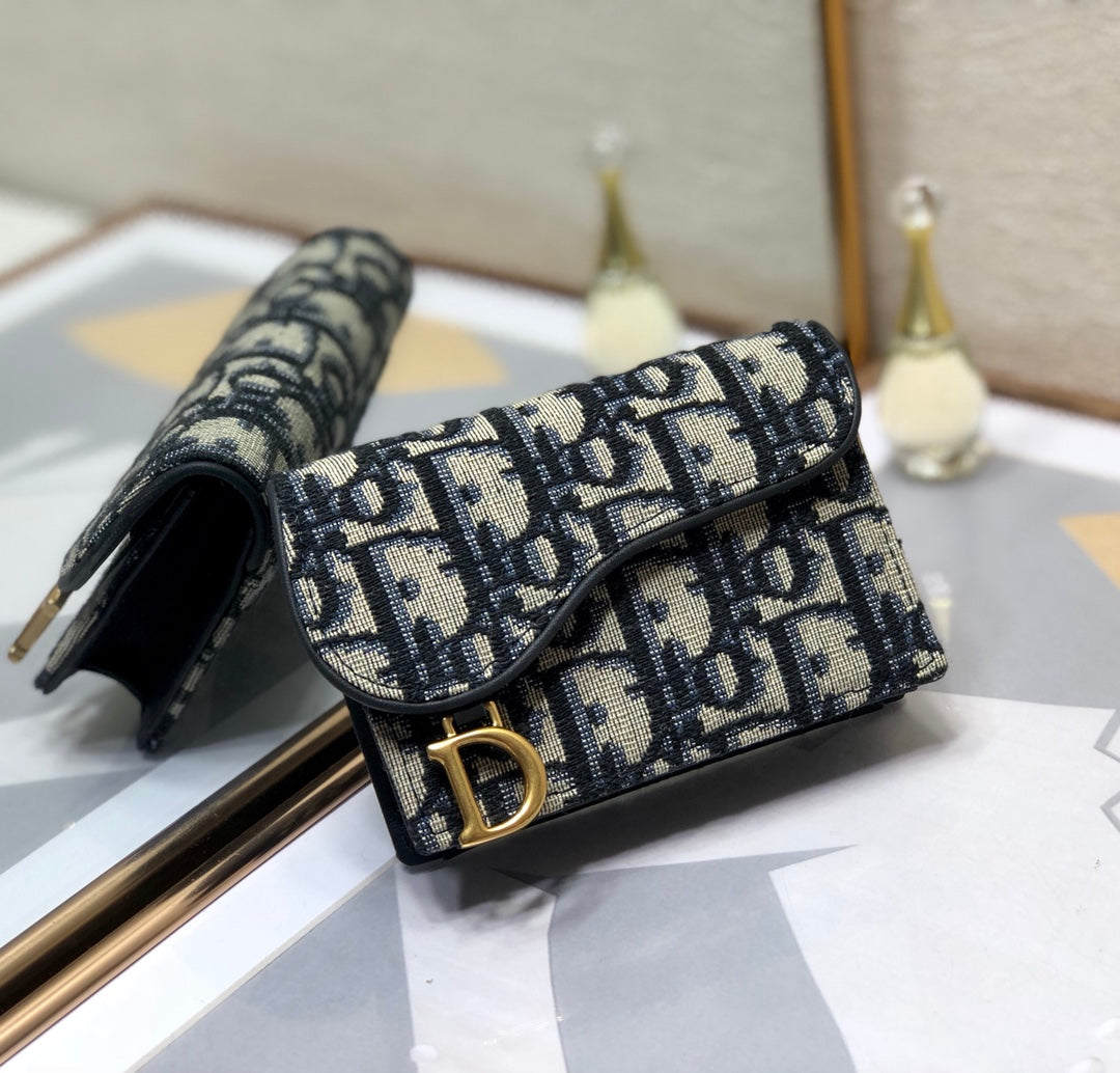 Dior CD Saddle Wallet 10.5cm Blue Obique Embroidery
